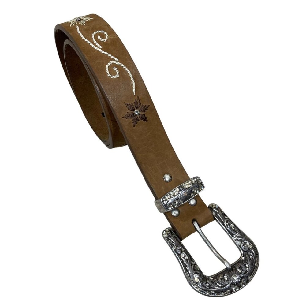 Nocona Western Belt Brown Leather Stitched S Small Silver Buckle Rodeo